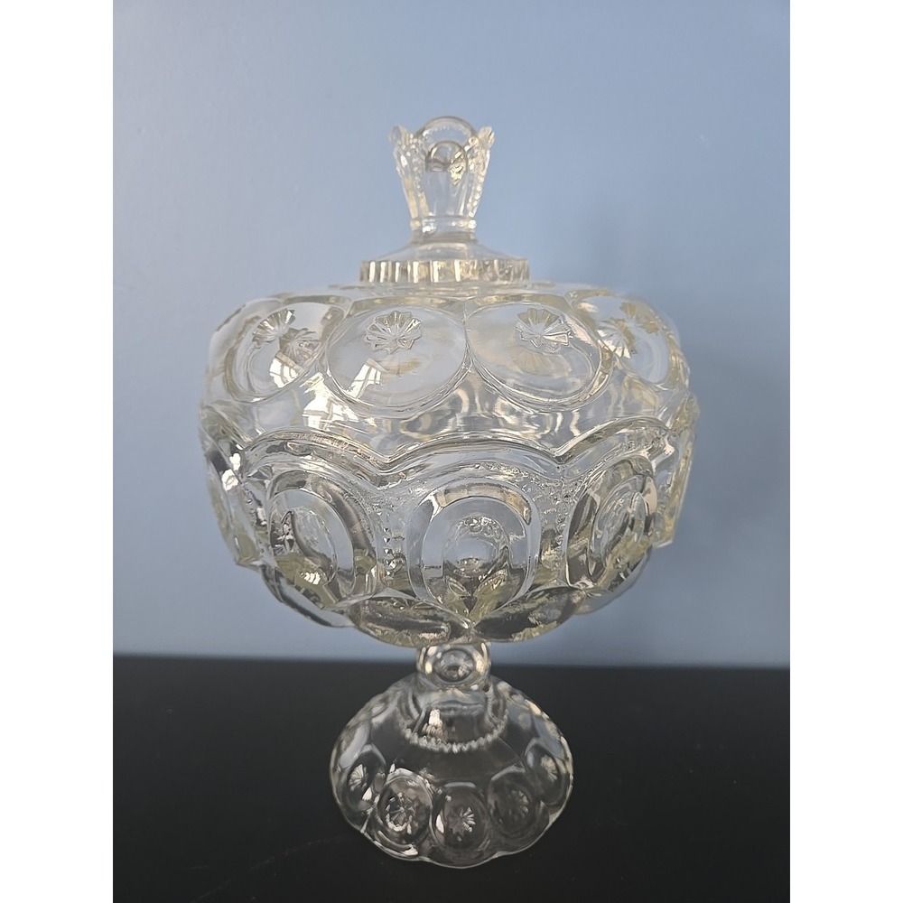L.E Smith Clear Glass Moon & Stars Large Footed Compote Candy Dish w Lid 12"